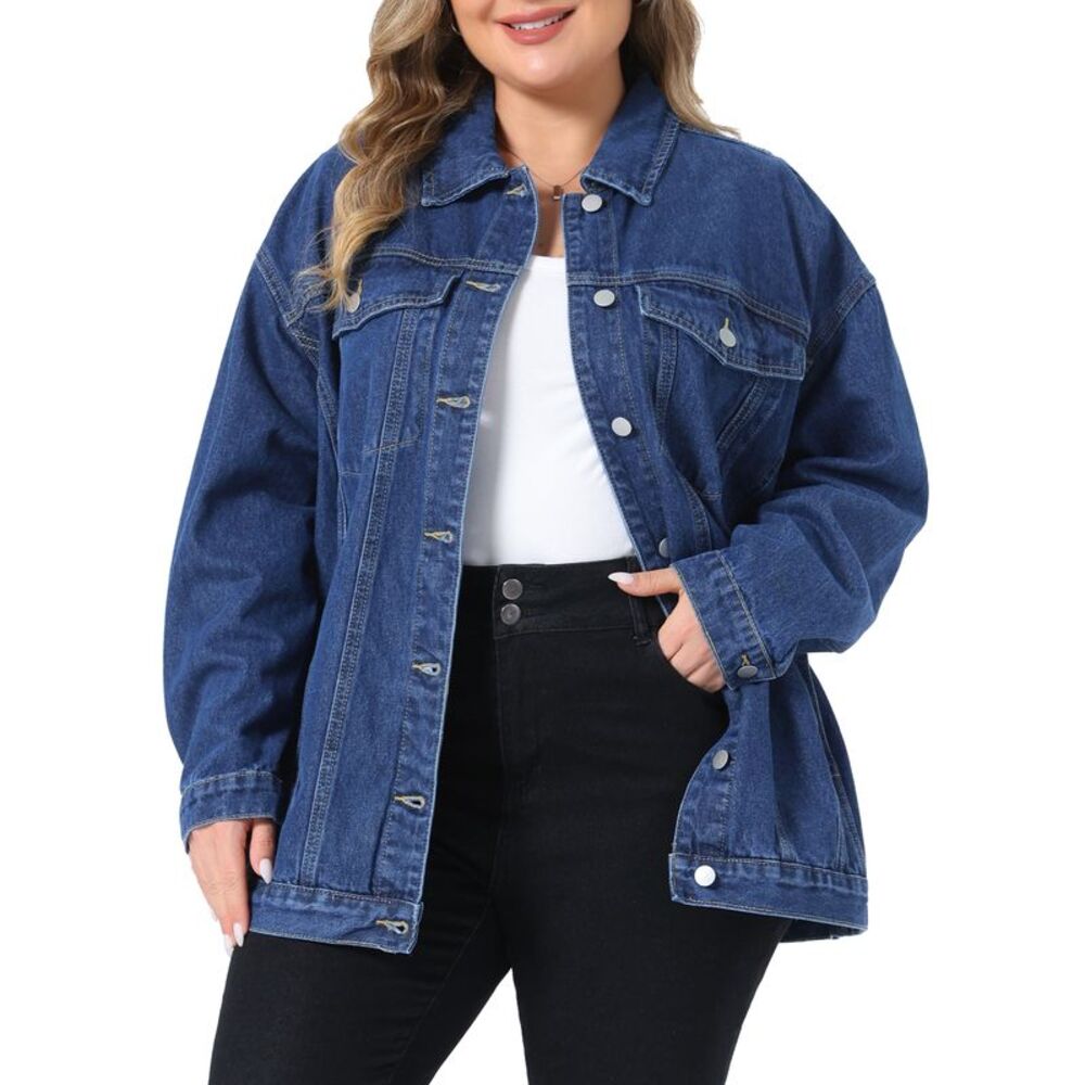 Women Plus Size Button Stitching Boyfriend Denim Jackets Dark Blue